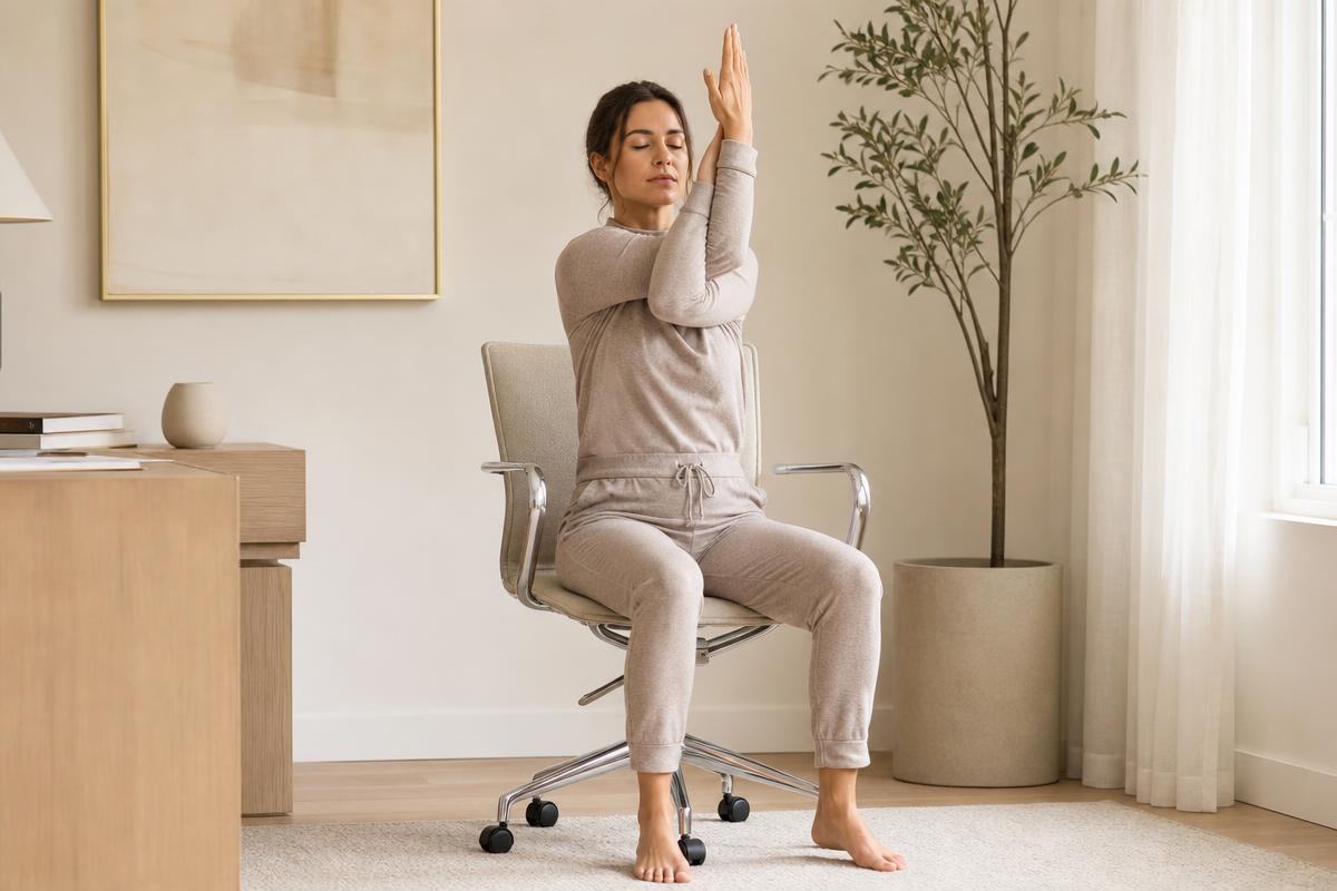 Seated eagle arms: elbows lifted to shoulder height, shoulder blades drawing apart.