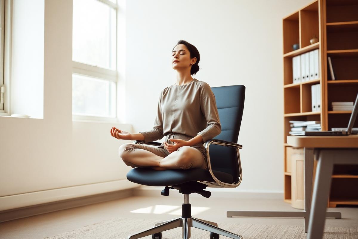 Seated stillness: feet flat, hands in the lap, inhale for four and exhale for six.