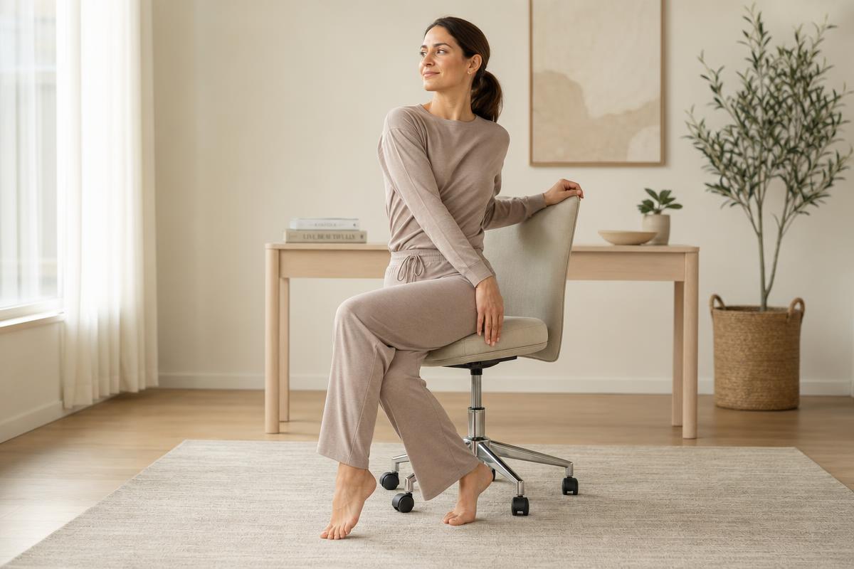 Seated spinal twist: turning from the mid-back with both sitting bones heavy.